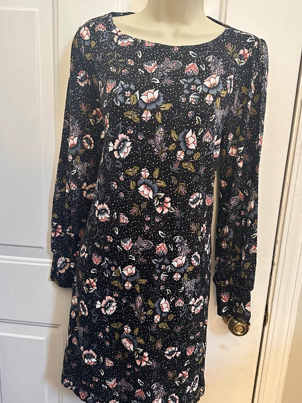 LOFT Black Long-Sleeve Floral Shift Dress with Pink & Olive Accents
